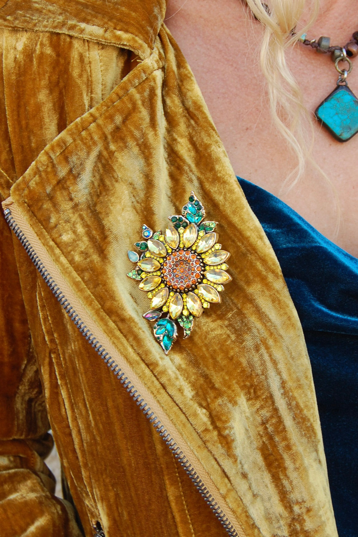 The Sunflower Bedazzled Brooch - SpiritedBoutiques Boho Hippie Boutique Style Brooch, Metal Gallery