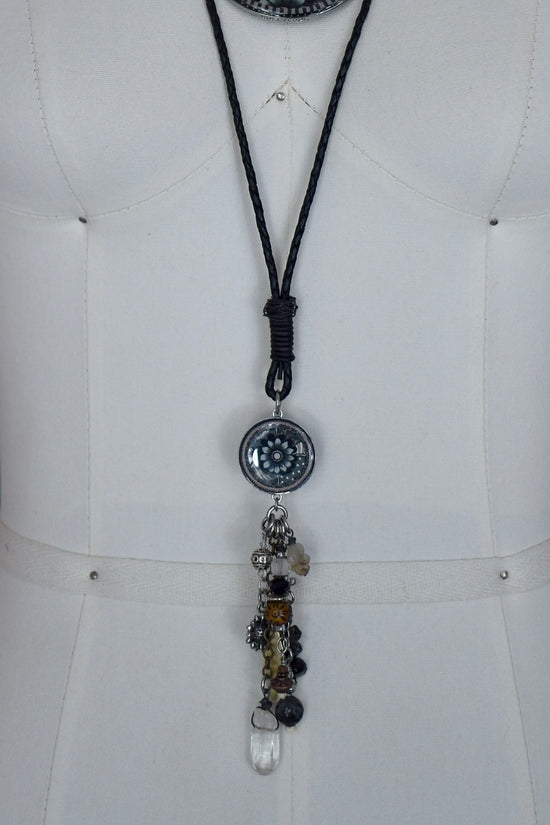 Grey & Black Flower Leather Drop Necklace - SpiritedBoutiques Boho Hippie Boutique Style Necklace, Spirit Lala