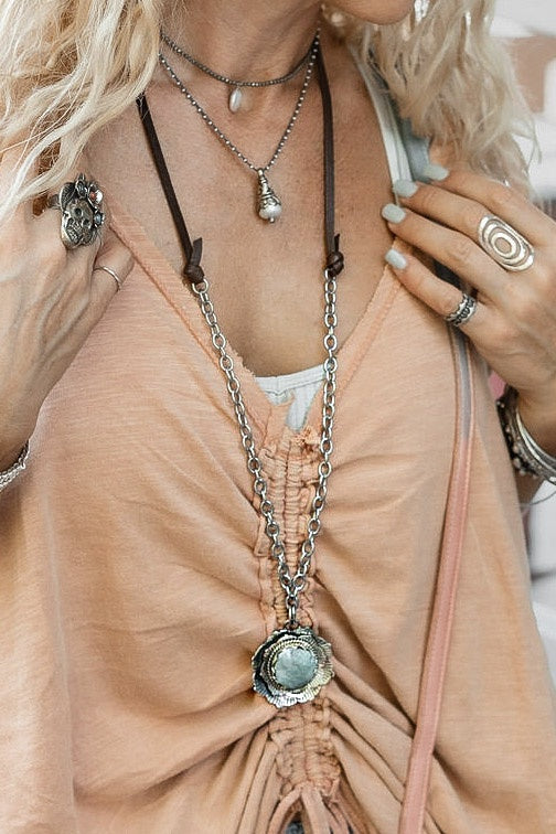 The Turquoise Bloom Leather Necklace - SpiritedBoutiques Boho Hippie Boutique Style Necklace, Spirit La La vintage coin