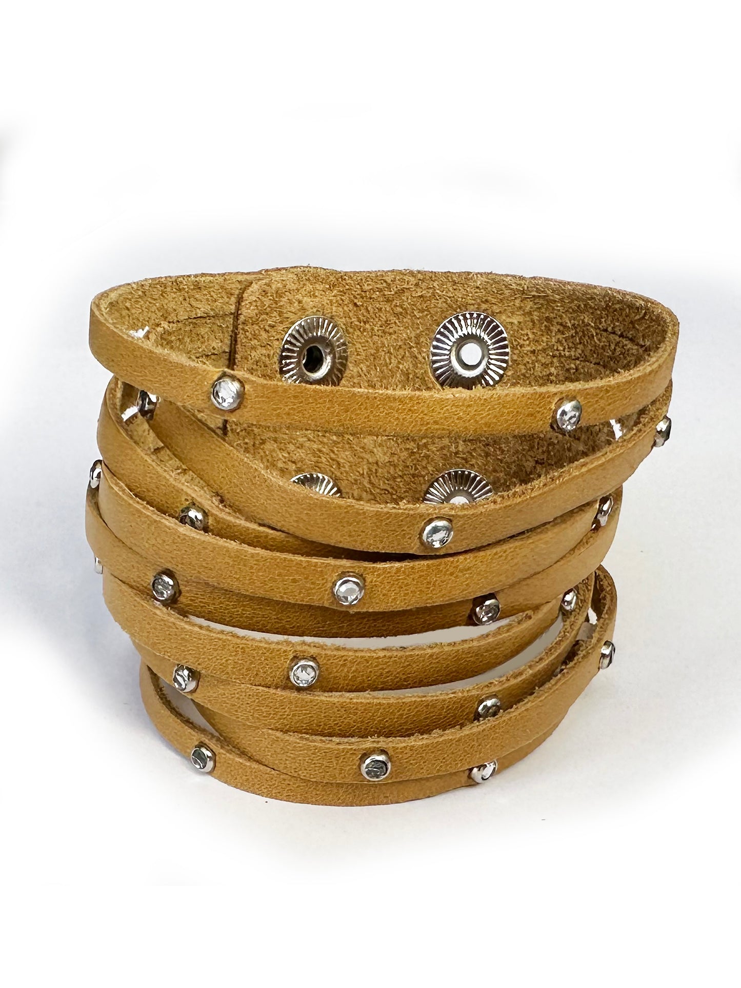 Charlie Rhinestone Leather Bracelet in Light Brown - SpiritedBoutiques Boho Hippie Boutique Style Bracelet, Charlie Leather