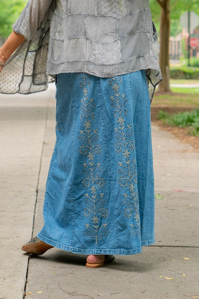 The Rachel Embroidered Skirt in Blue - SpiritedBoutiques Boho Hippie Boutique Style Skirt, Young Threads