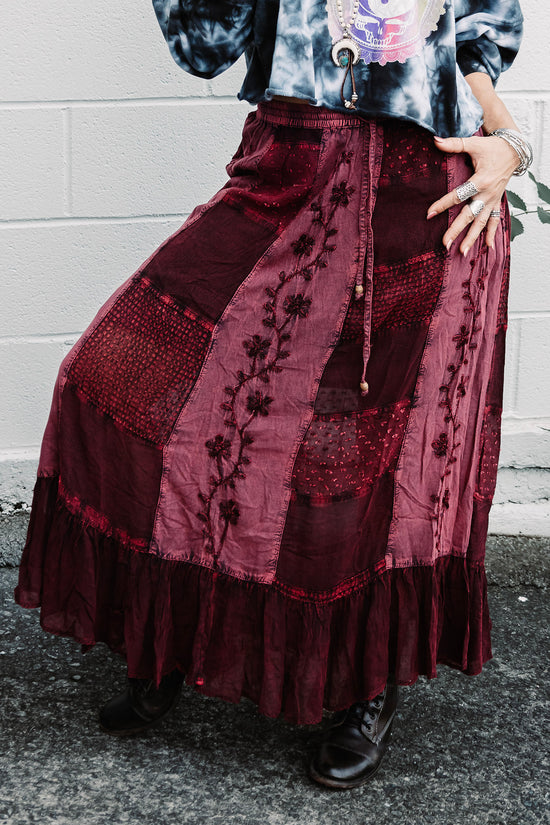 The Peggy Patchwork Skirt in Burgundy - SpiritedBoutiques Boho Hippie Boutique Style Skirt, Young Threads