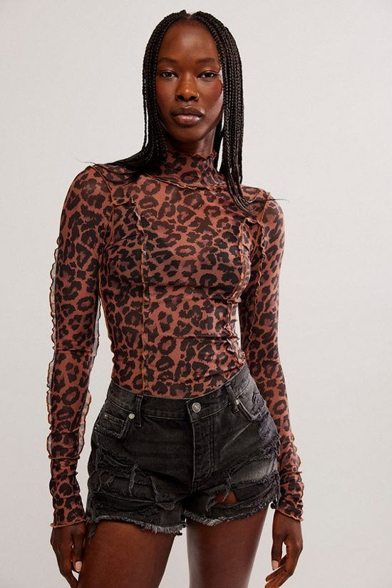 Free People - Charlie Printed Mesh Top in Cats Meow