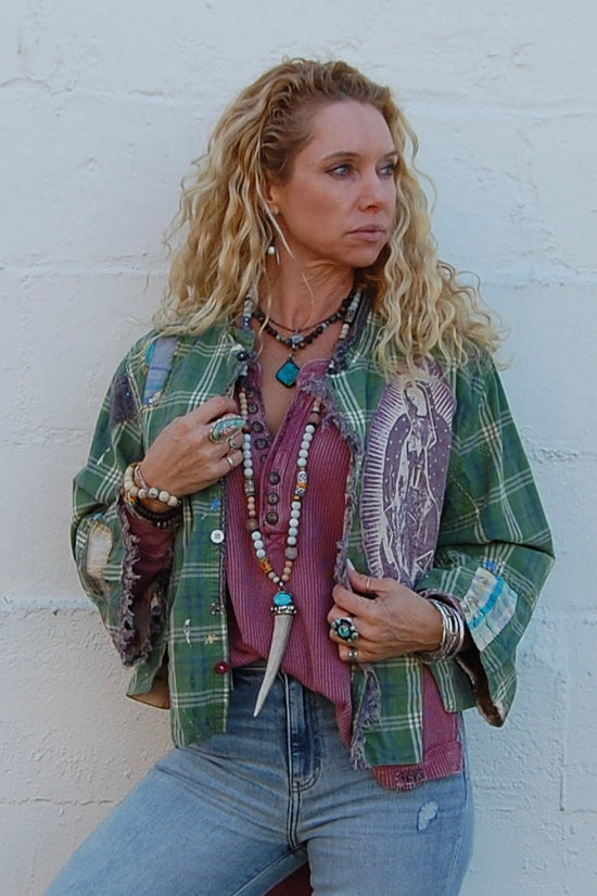 Virgin Guadalupe Sirsi Jacket in Romeo Check - SpiritedBoutiques Boho Hippie Boutique Style Jacket, Magnolia Pearl