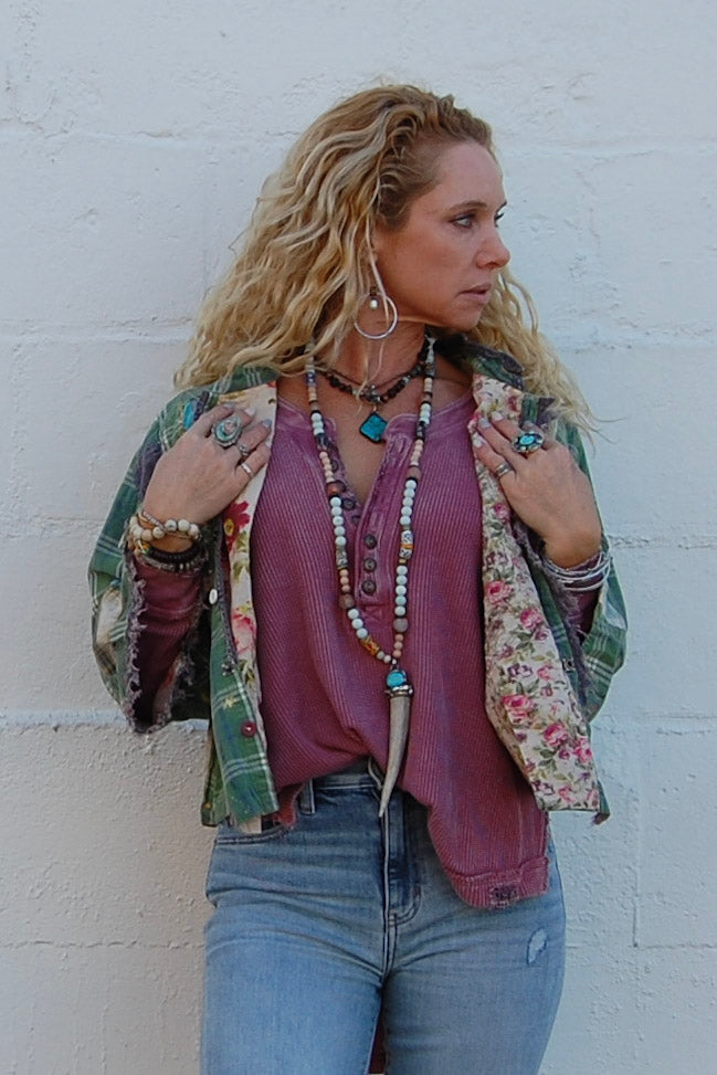 Load image into Gallery viewer, Virgin Guadalupe Sirsi Jacket in Romeo Check - SpiritedBoutiques Boho Hippie Boutique Style Jacket, Magnolia Pearl

