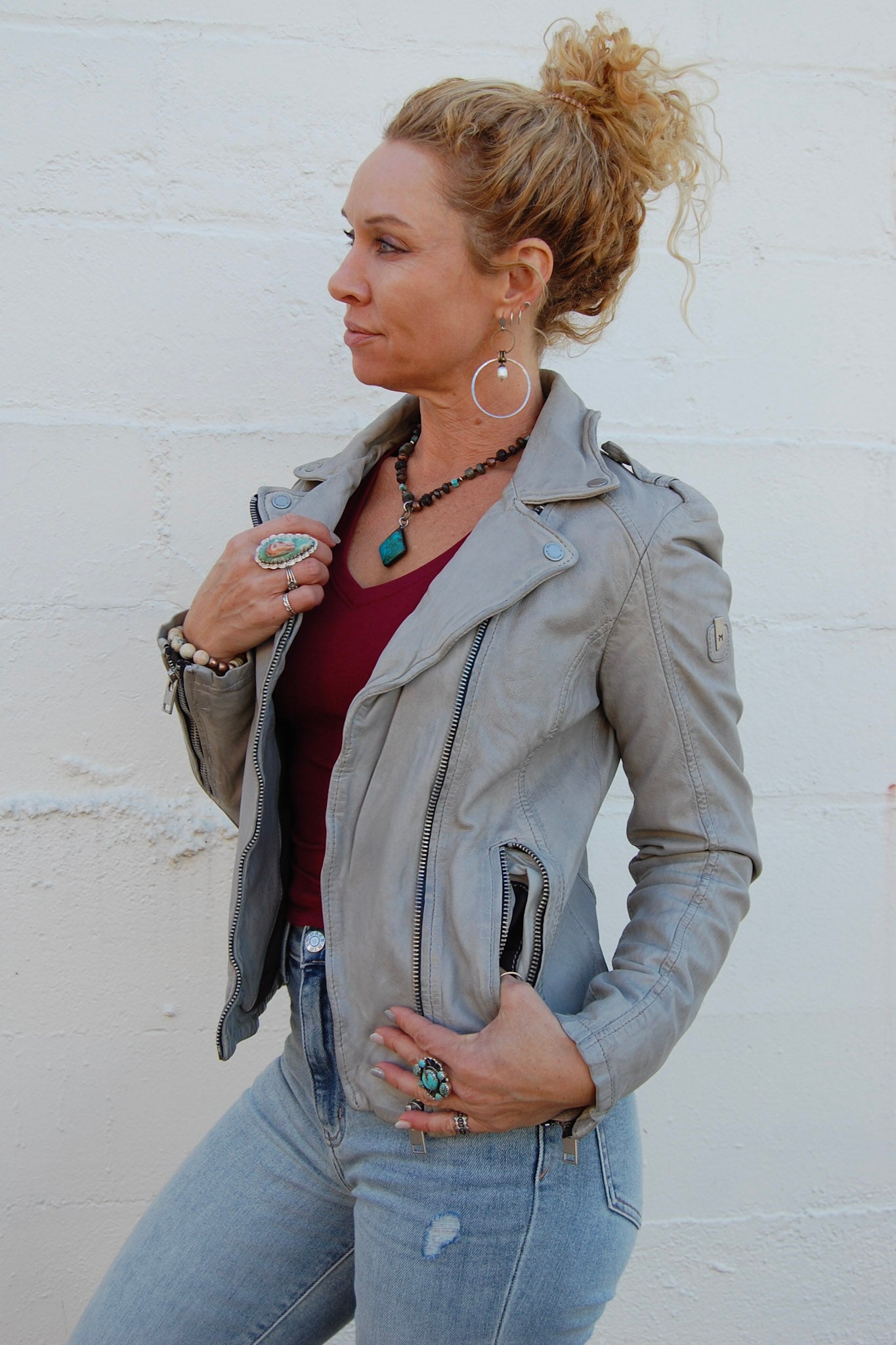 Narin RF Leather Jacket in Light Grey - SpiritedBoutiques Boho Hippie Boutique Style Jacket, Mauritius