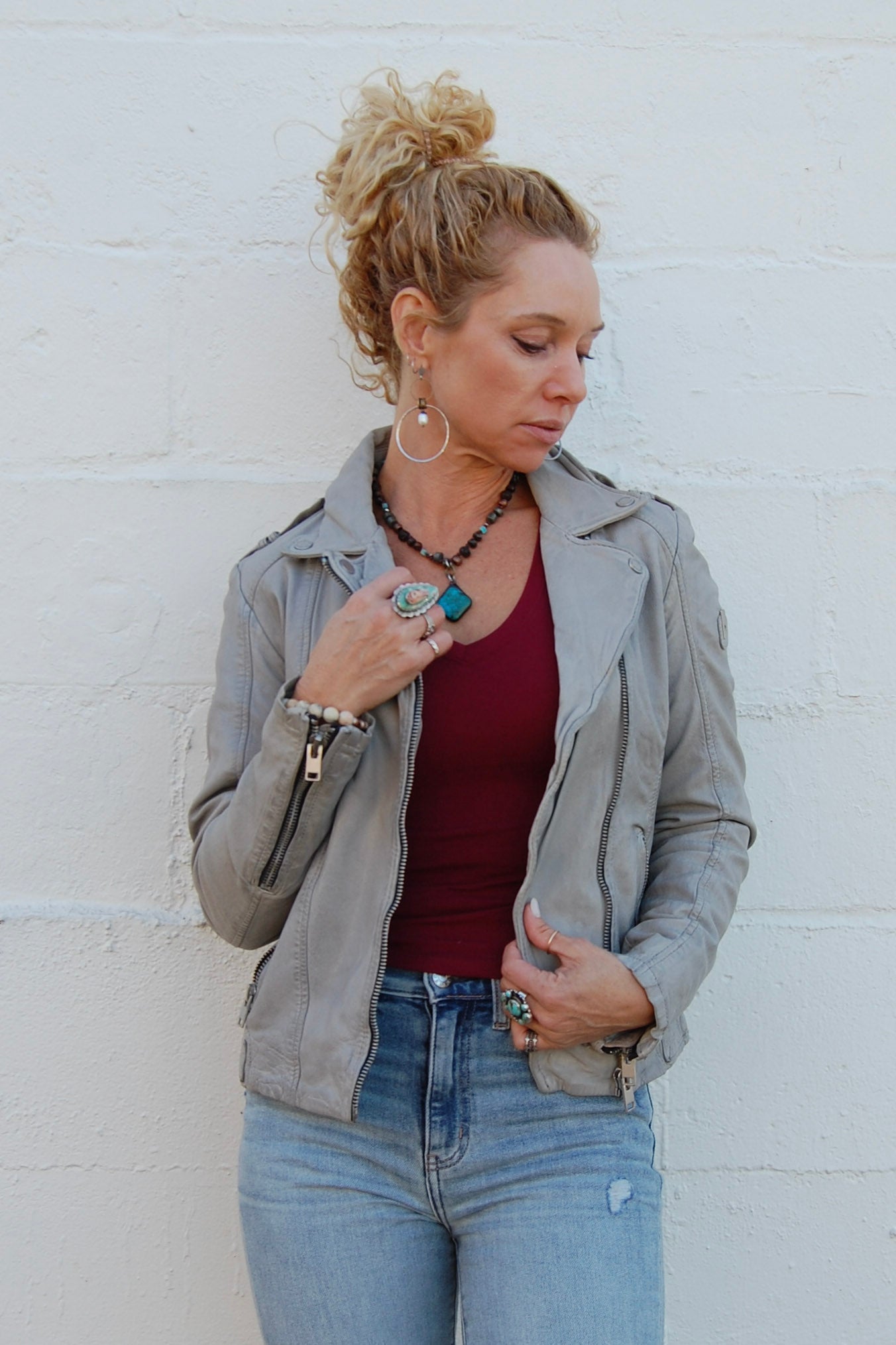 Narin RF Leather Jacket in Light Grey - SpiritedBoutiques Boho Hippie Boutique Style Jacket, Mauritius