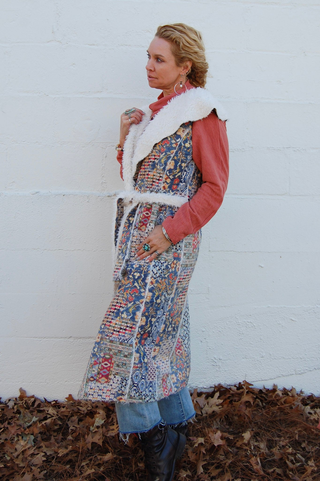The Annie Sherpa Vest in Patchwork - SpiritedBoutiques Boho Hippie Boutique Style Vest, BIZ