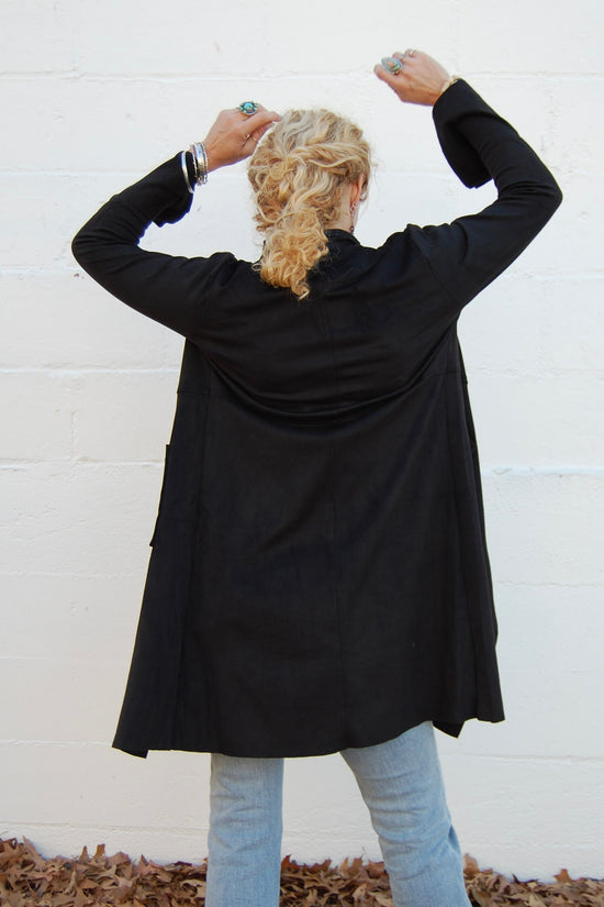 The Hannah Suede Long Coat in Black - SpiritedBoutiques Boho Hippie Boutique Style Coat, BIZ