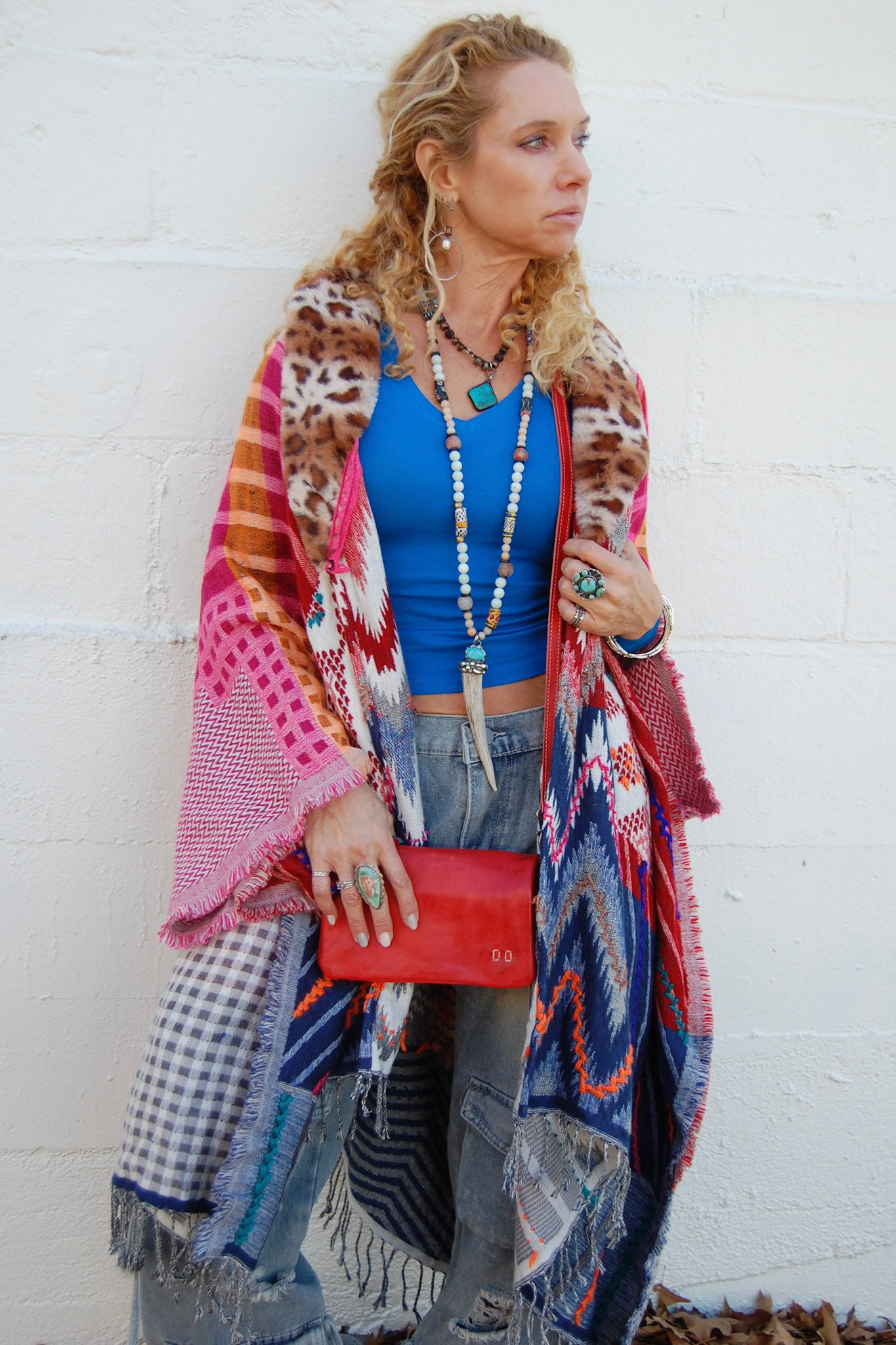 The Noble Balance Poncho in Rose/Blue Combo - SpiritedBoutiques Boho Hippie Boutique Style Kimono, Aratta