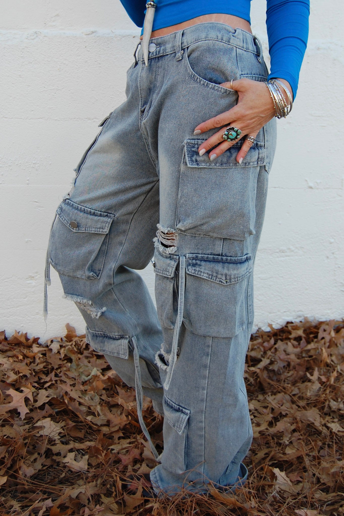 Load image into Gallery viewer, Callie Cargo&amp;#39;s in Light Blue Wash - SpiritedBoutiques Boho Hippie Boutique Style Jeans, By Claude
