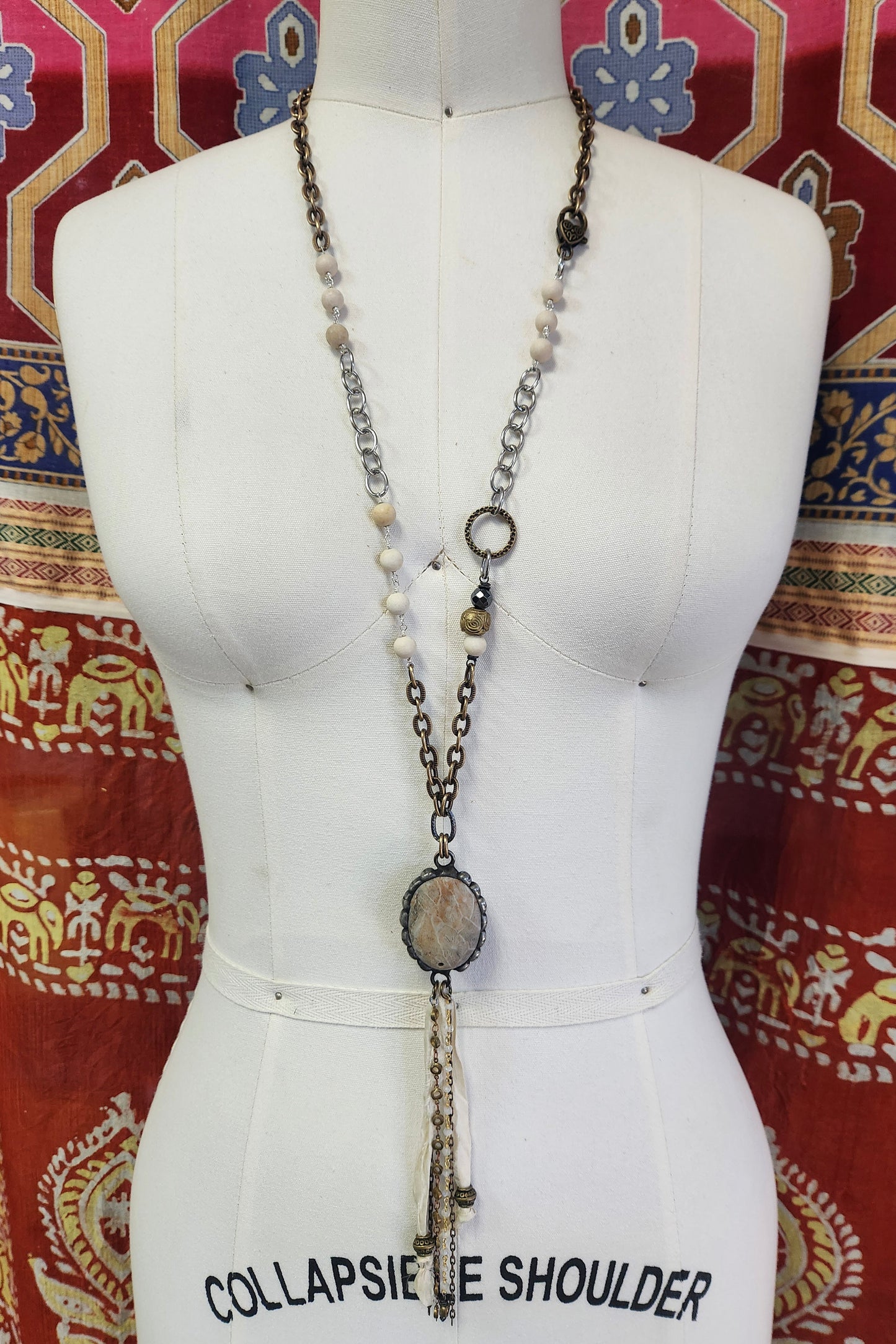 One of a Kind: Beige Tassel Drop Necklace