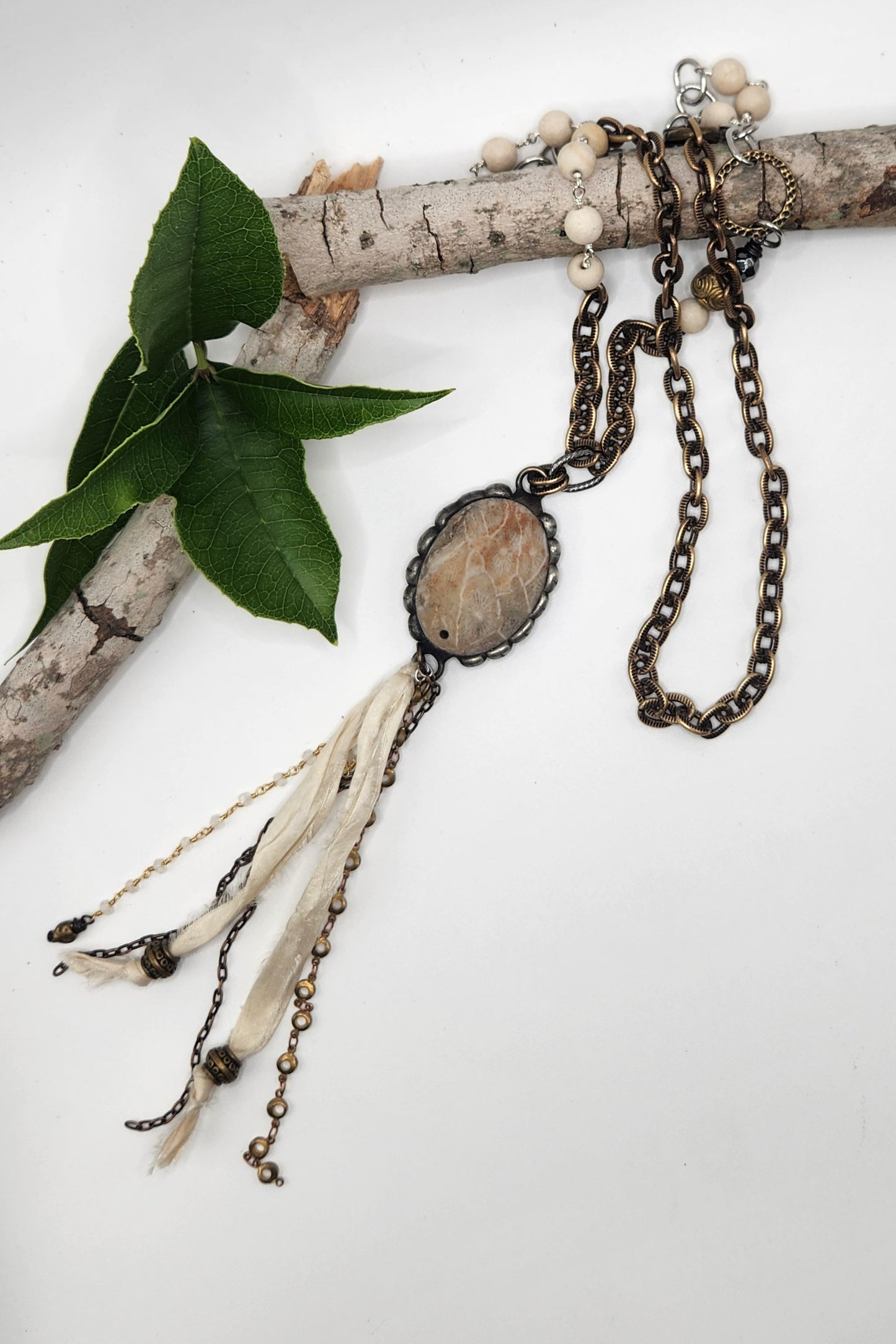 One of a Kind: Beige Tassel Drop Necklace