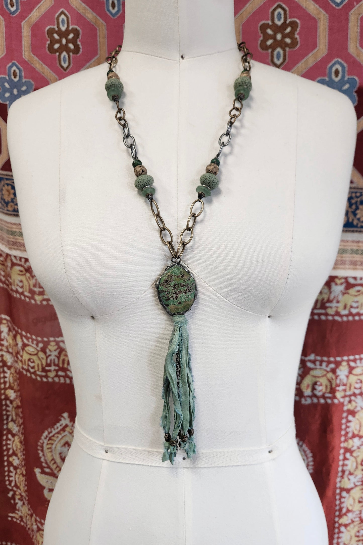 One of a Kind: Malachite Fabric Drop Necklace