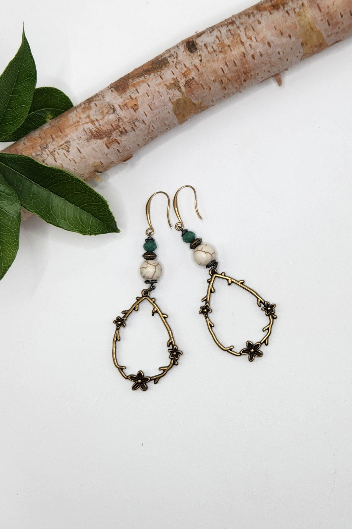 One of a Kind: Floral Green Tear Drop Earrings