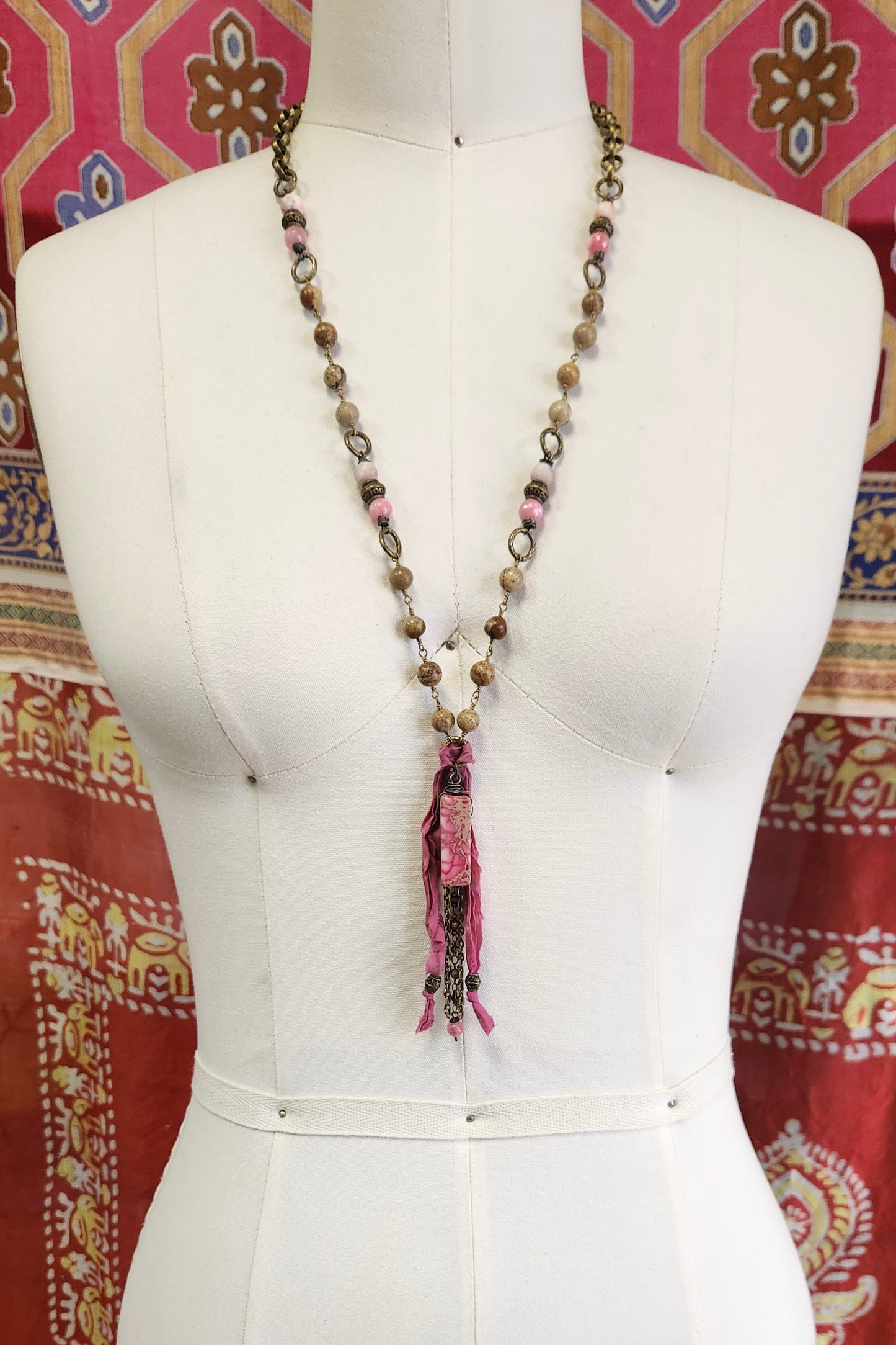One of a Kind: Rose Chain and Fabric Drop Necklace