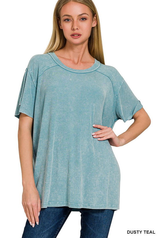 The Delia Ribbed Top in Dusty Teal