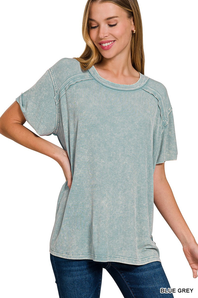 The Delia Ribbed Top in Blue Grey