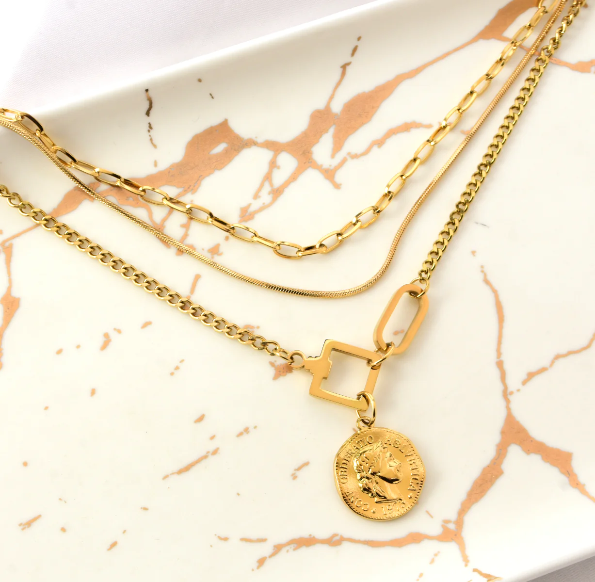The Lily Layered Steel Necklace in Gold - SpiritedBoutiques Boho Hippie Boutique Style Necklace, Modern Opus