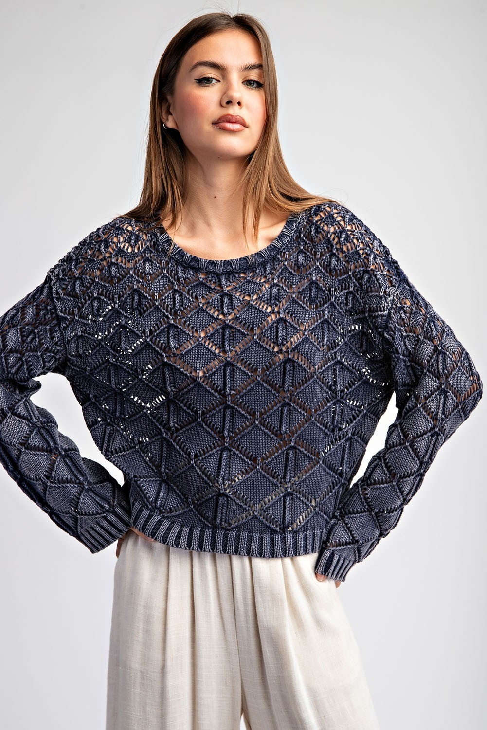 Carissa Crochet Sweater Top in Navy