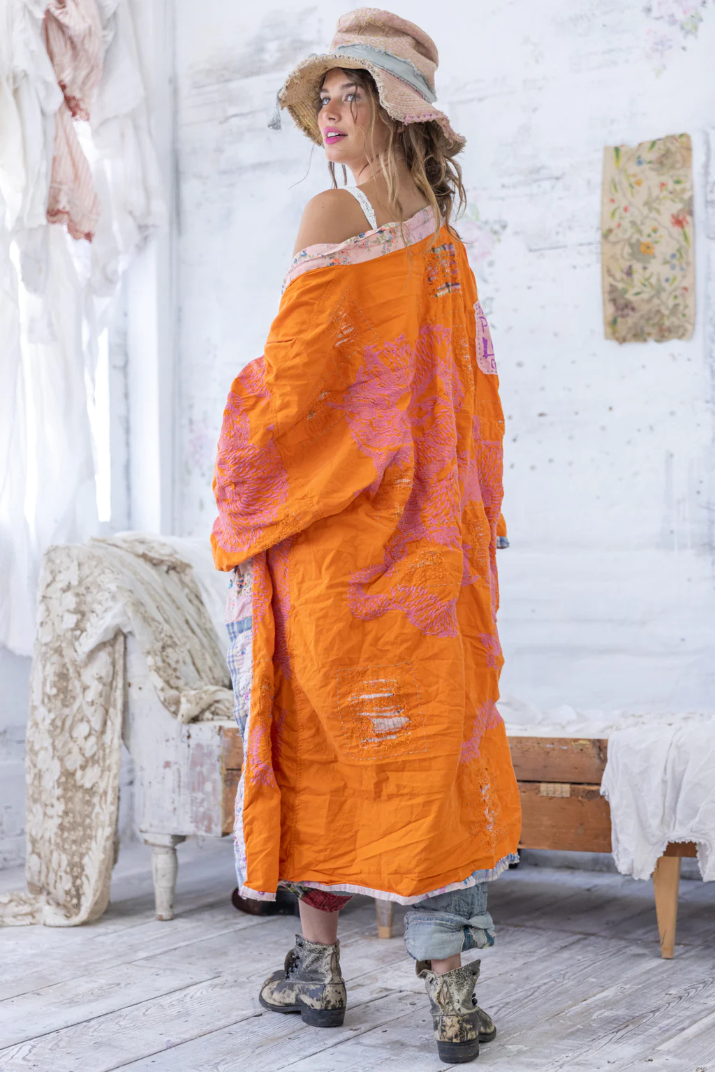 Dharma Dragon Embroidered Kimono in Marmalade