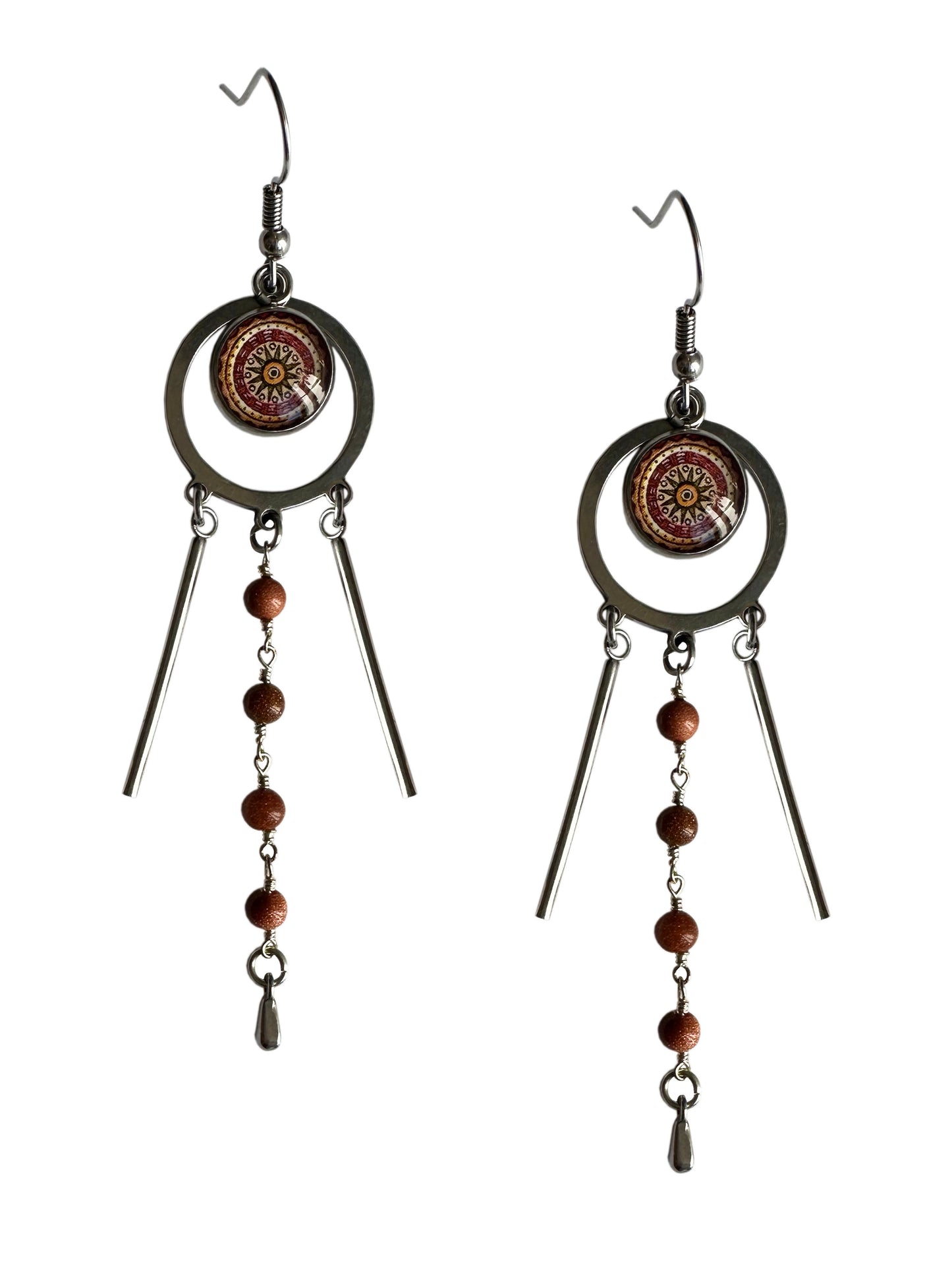 Spirit Lala Tri-Drop Statement Earrings in Orange/Yellow Mandala - SpiritedBoutiques Boho Hippie Boutique Style Earrings, Spirit Lala