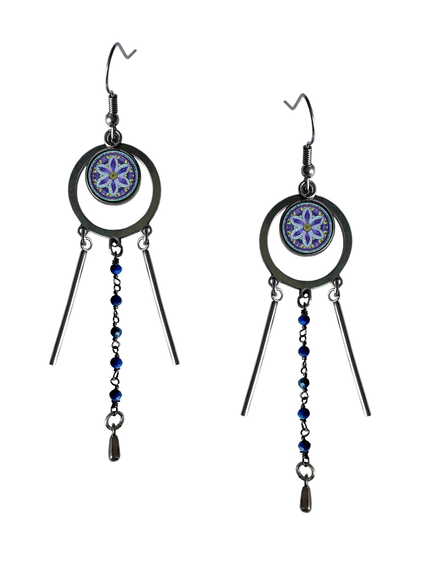 Spirit Lala: Tri-Drop Statement Earrings in Dark Blue Mandala - SpiritedBoutiques Boho Hippie Boutique Style Earrings, Spirit Lala