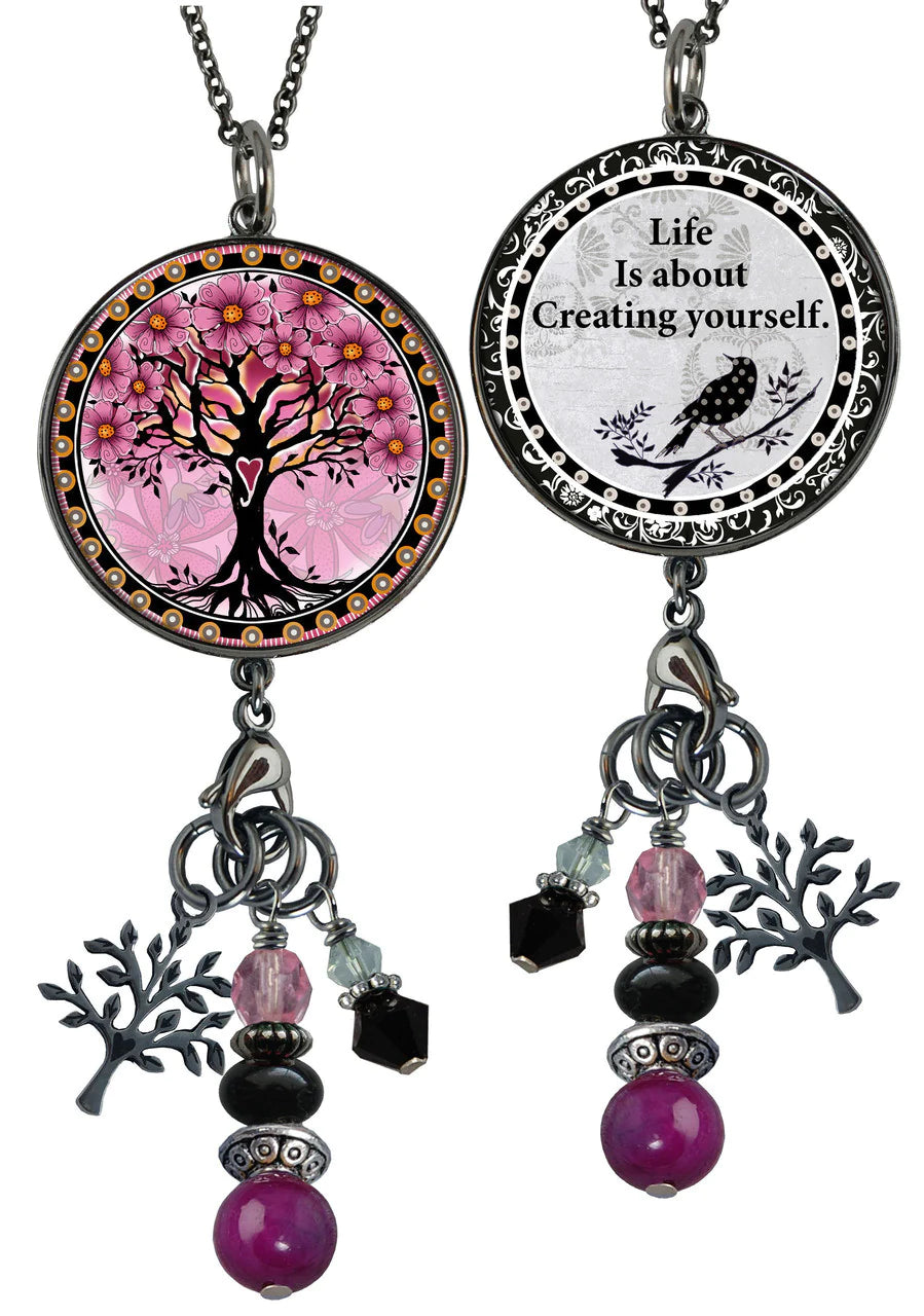 Pink Tree Of Life Beaded Pendant Necklace - SpiritedBoutiques Boho Hippie Boutique Style Necklace, Spirit Lala