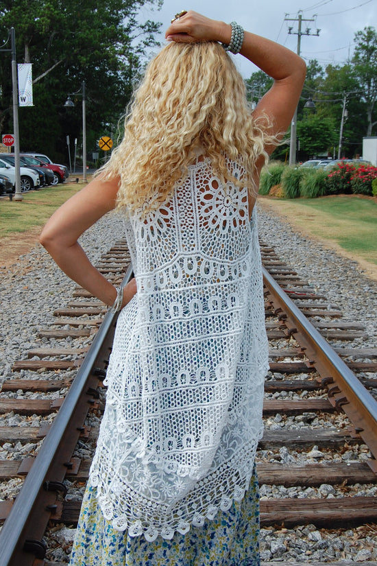 The Amber Sleeveless Crochet Vest in White