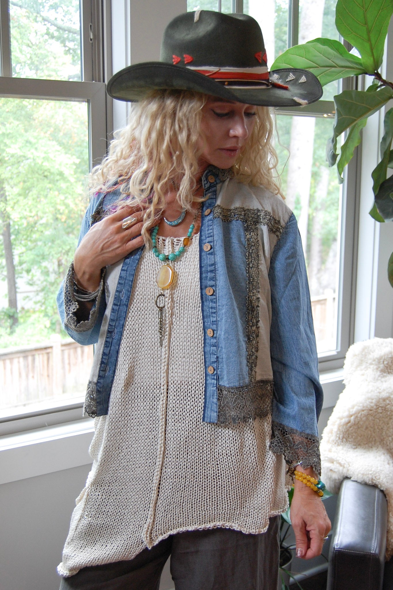 Sunset Serenade Denim Lace Jacket in Aqua