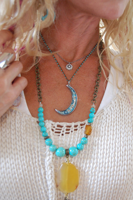 Spirit Lala: Green Mandala Crochet Crescent Moon Pendant Necklace