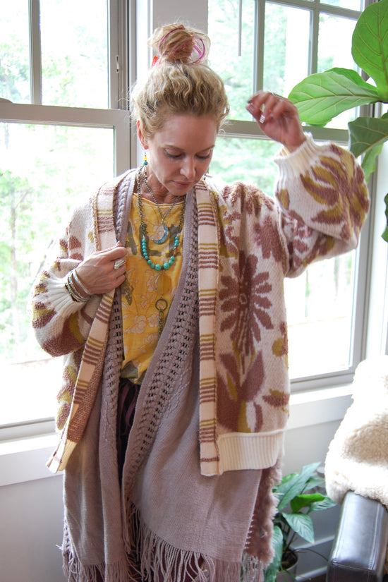 Berber Floral Print Cardi in Powder Beige