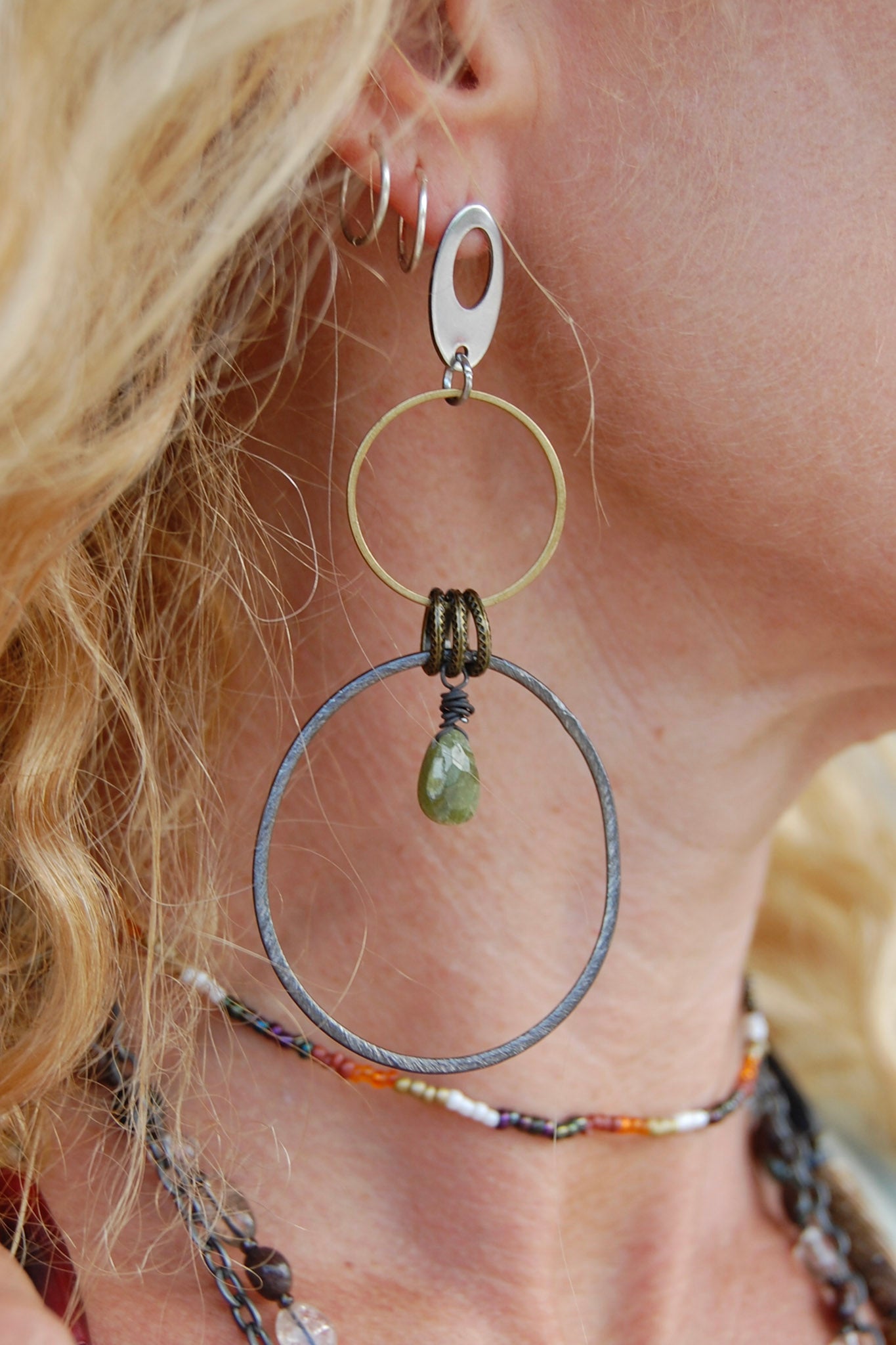 Spirit Lala Boho: Oval Top Gold & Black 2 Circle Earrings in Green Jade