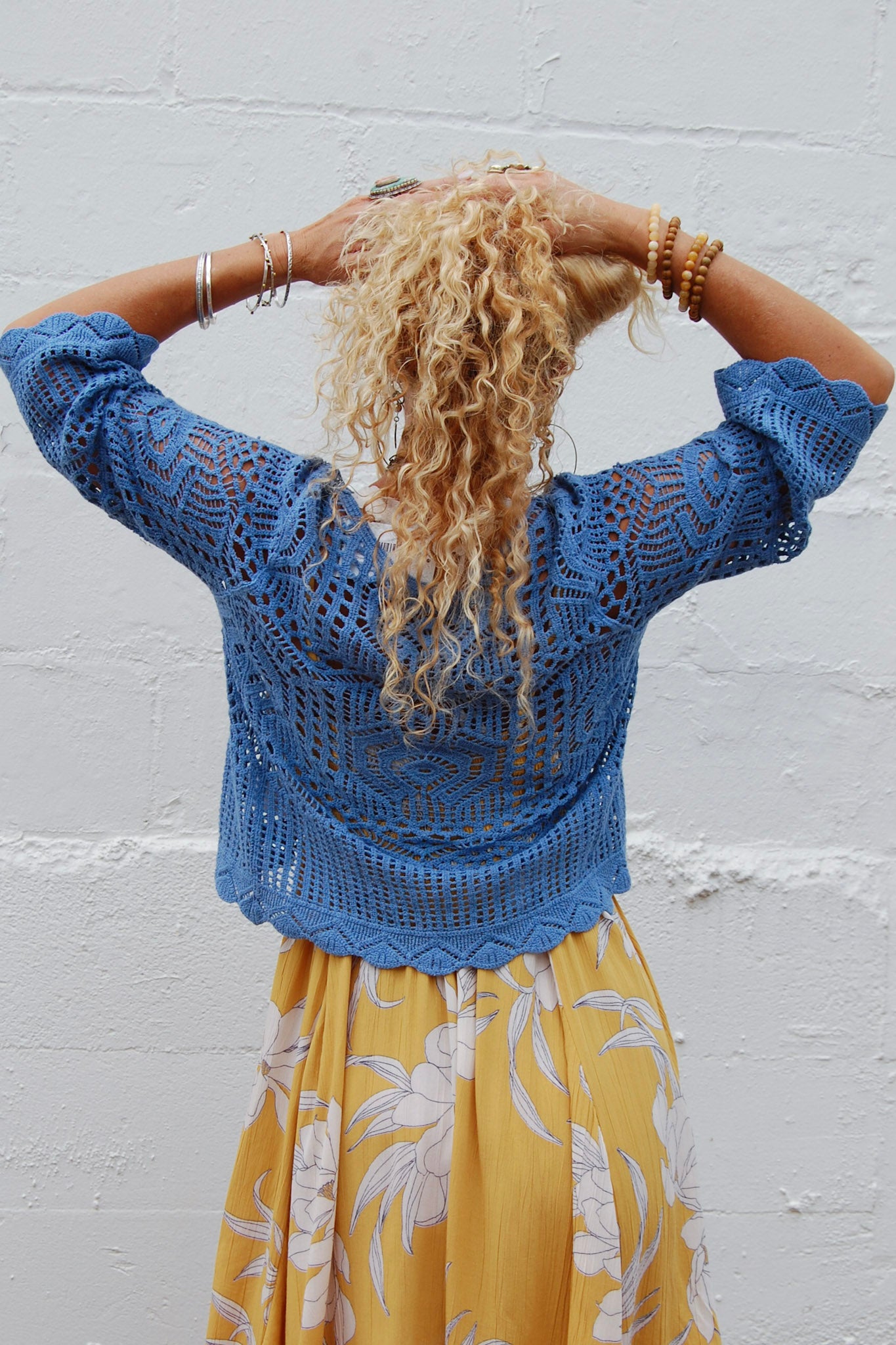 The Danni Crochet Drawstring Top in Denim