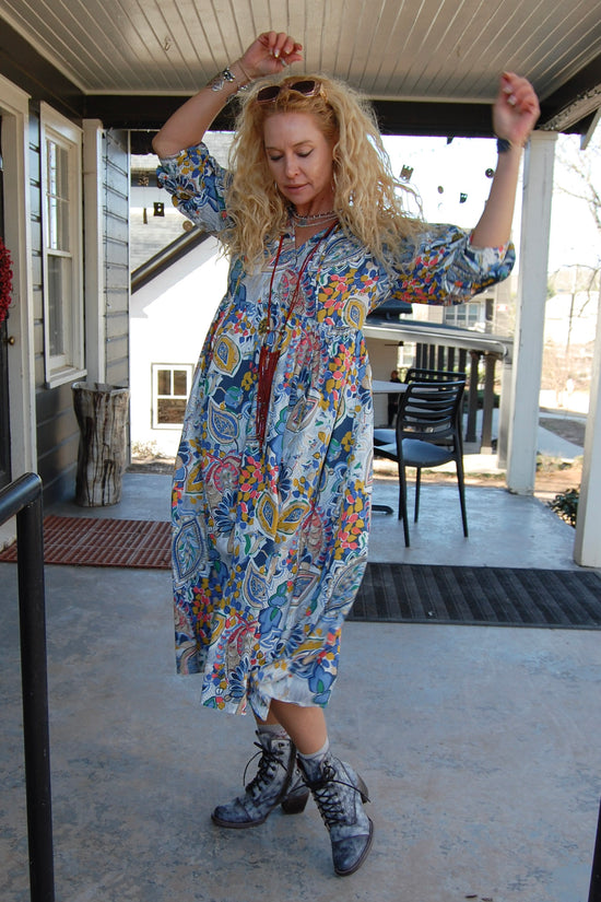 Paisley Print A-Line Dress in Blue Mix