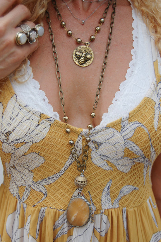 Spirit Lala Vintage Coin: Brass & Rosary Gem Drop Necklace