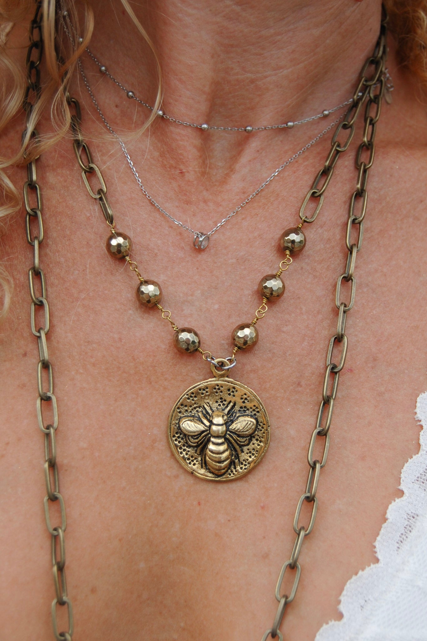 Spirit Lala Vintage Coin: Multi Chain Bee Medallion Necklace