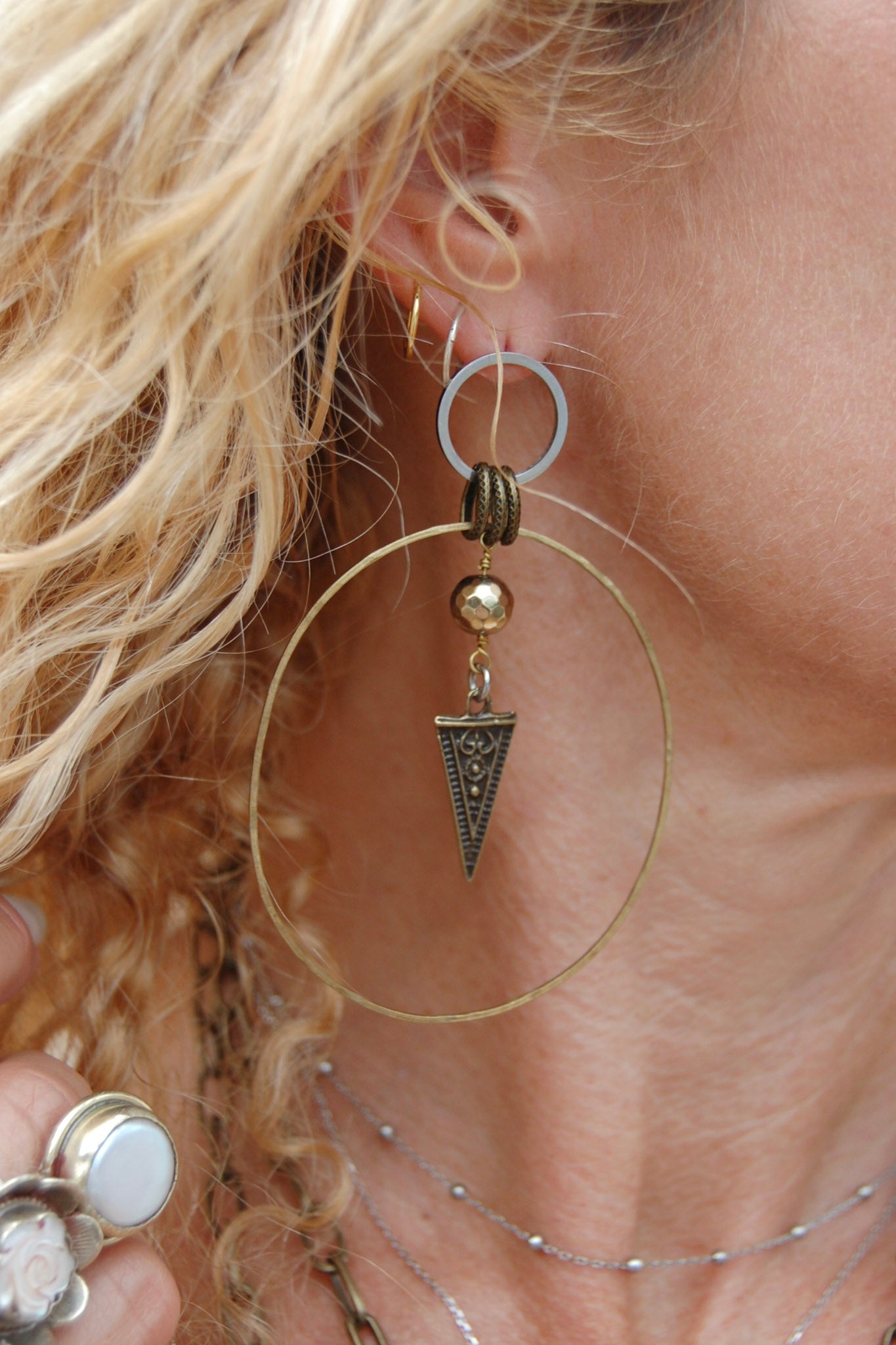 Spirit Lala Boho: 2 Circle Silver & Gold Diamond Drop Earrings