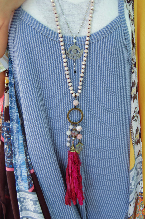 The Nadia O-Ring Tassel Necklace in Pink