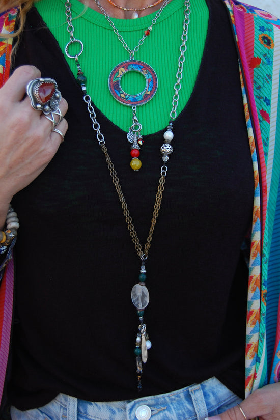 Spirit Lala Boho: Large Statement Gem Chain Drop Necklace in Forest Green