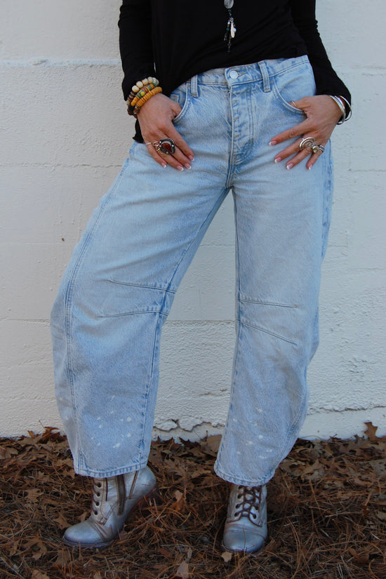 Free People - Good Luck Paint Splatter Mid Rise Barrel Jeans in Kimset