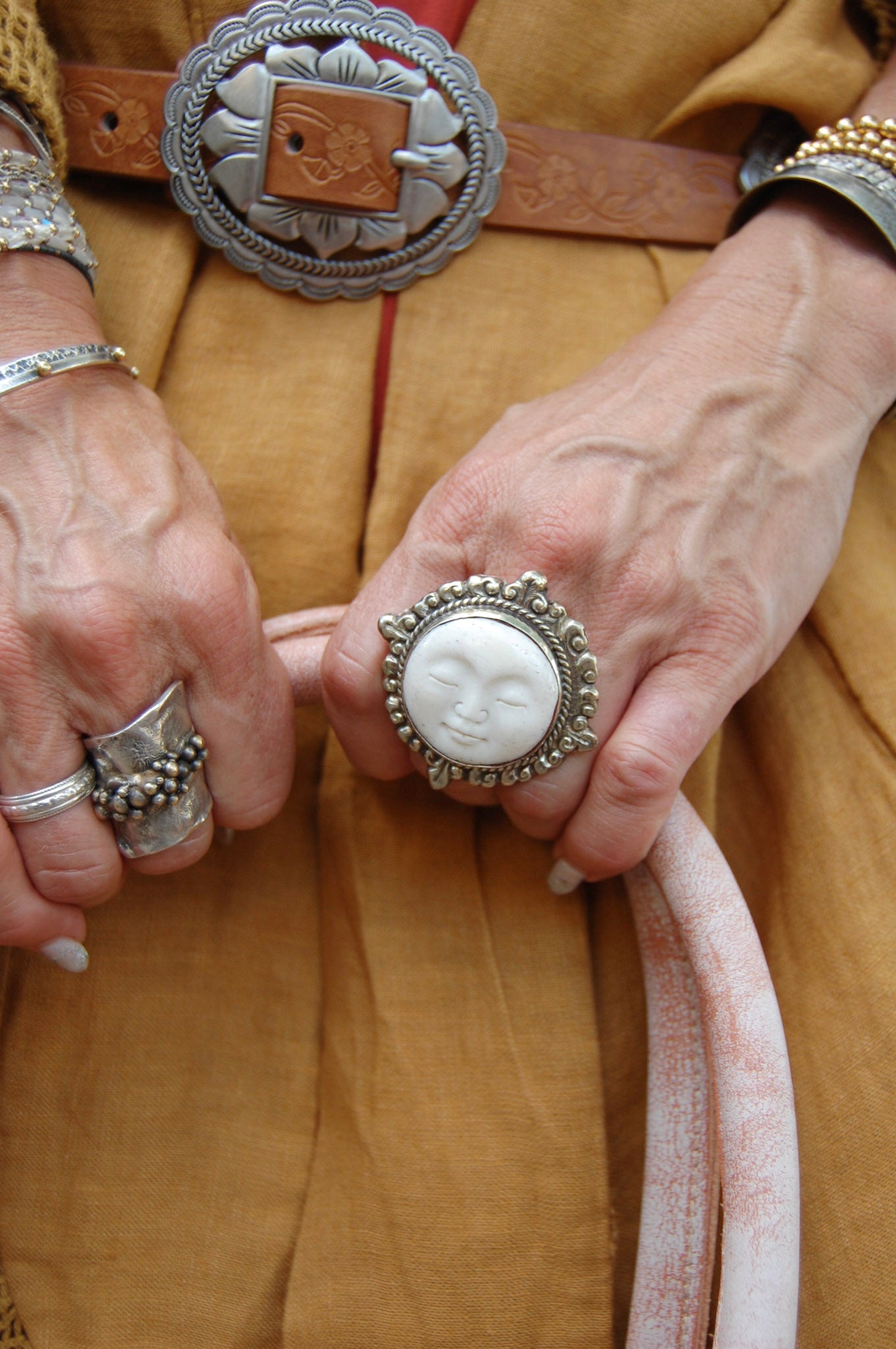 Hand Carved Face Adjustable Ring