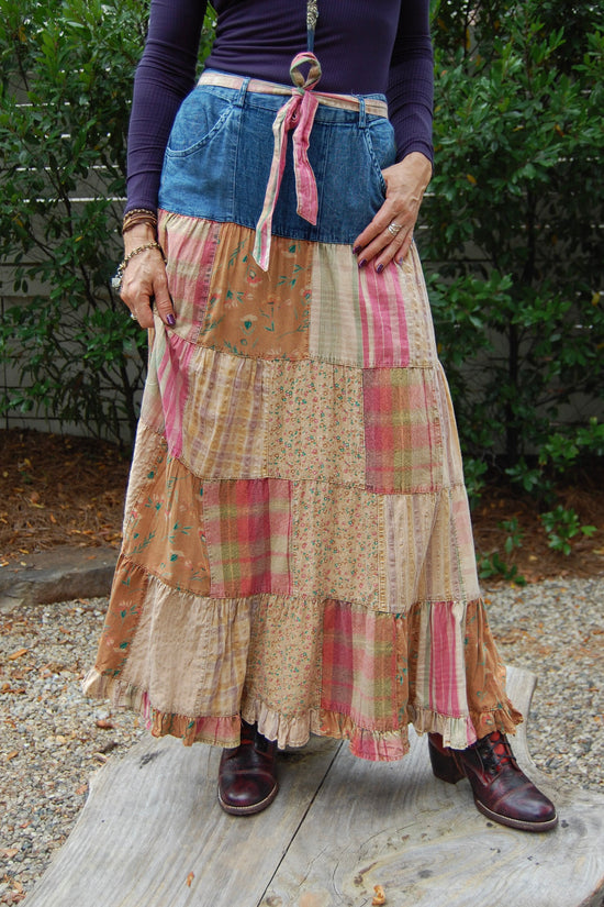 Waverly Western Boho Patchwork Skirt in Denim