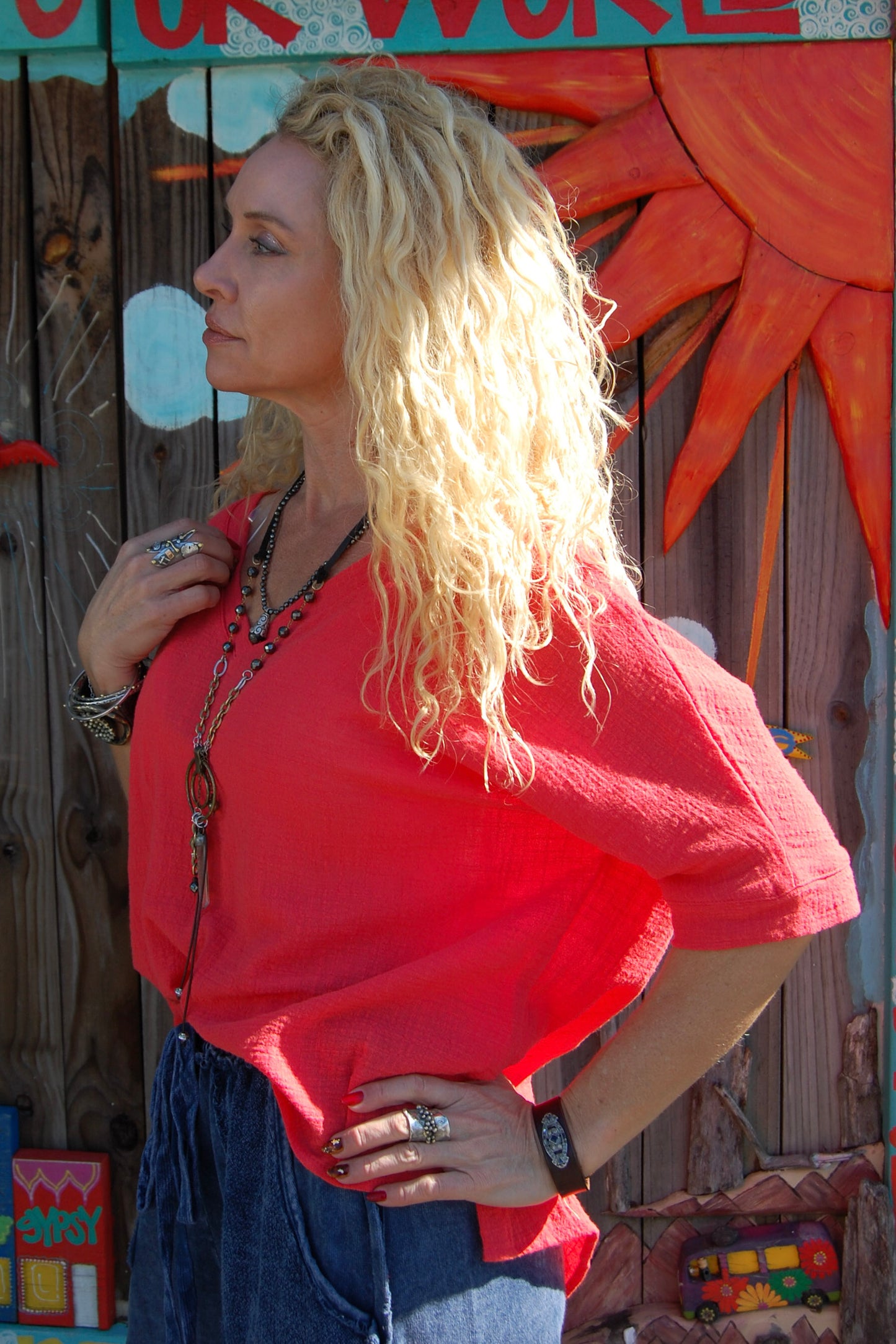 Lorie Oversized V-Neck Top in Red Orange