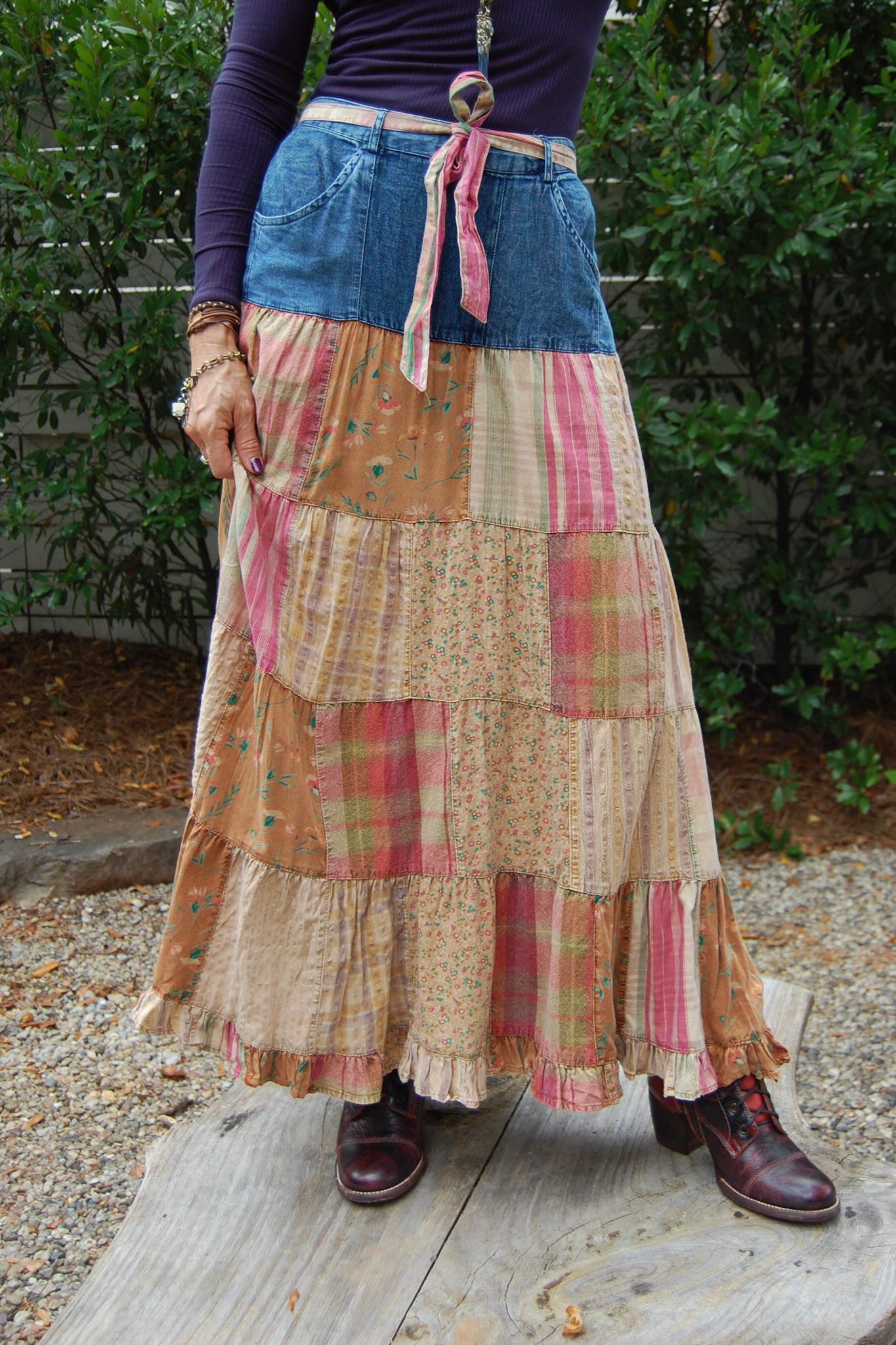 Waverly Western Boho Patchwork Skirt in Denim