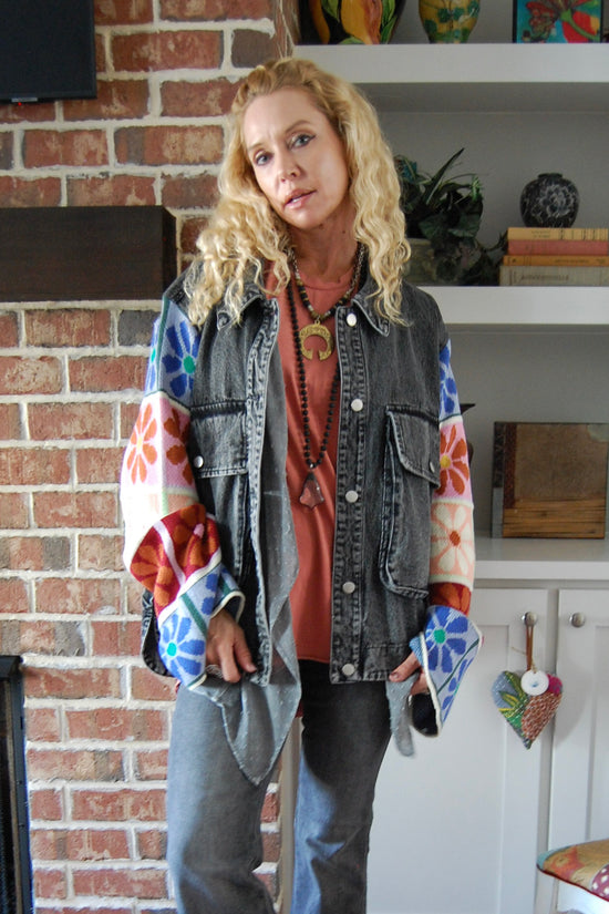 Floral Multi Patch Denim Jacket in Black Denim