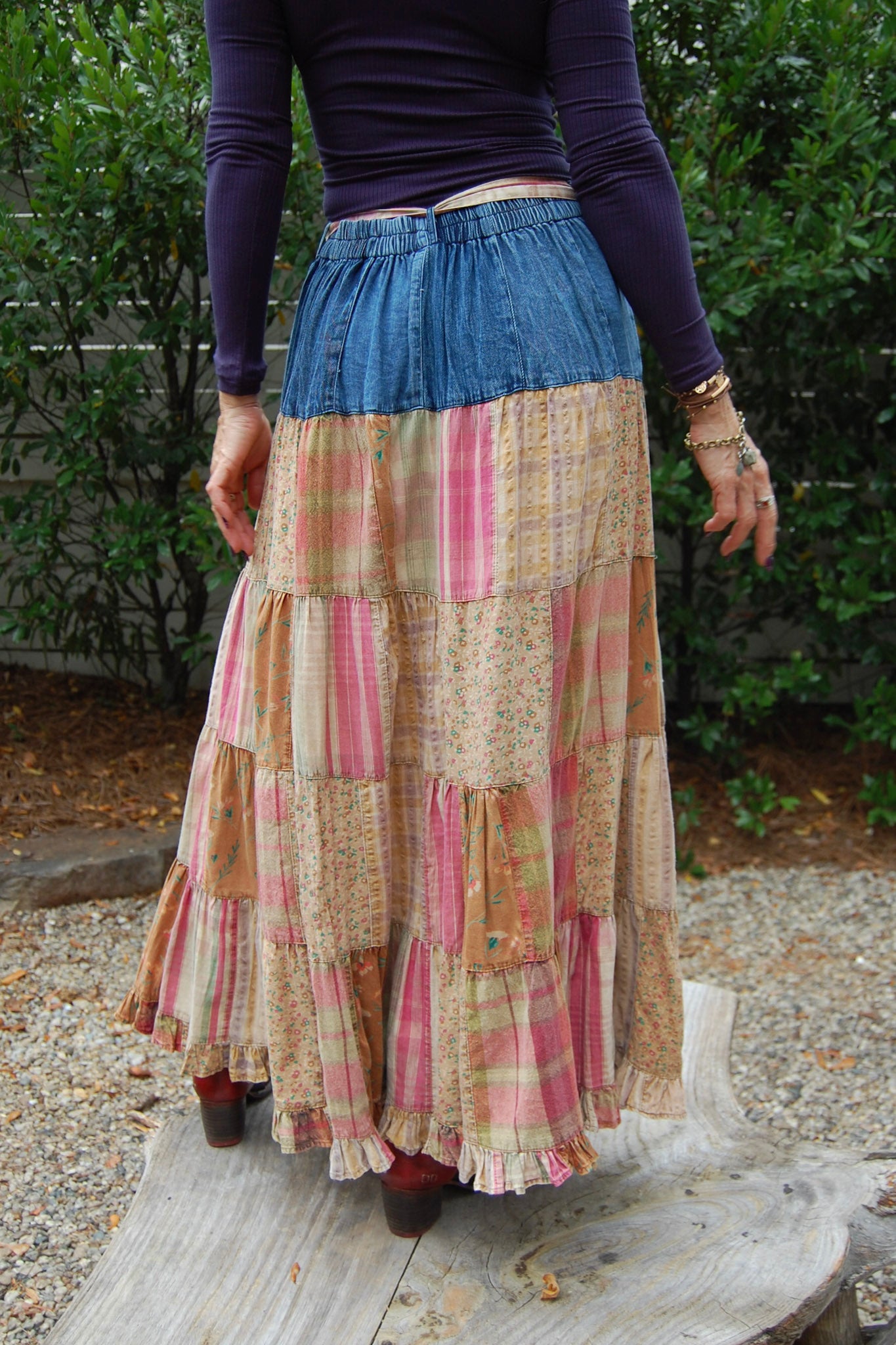 Waverly Western Boho Patchwork Skirt in Denim