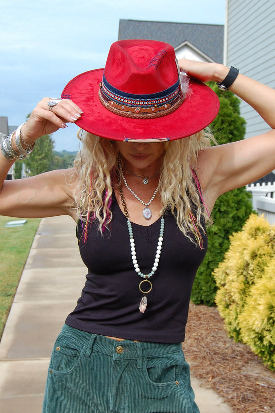 Cochella Cowgirl Brim Hat in Deep Red