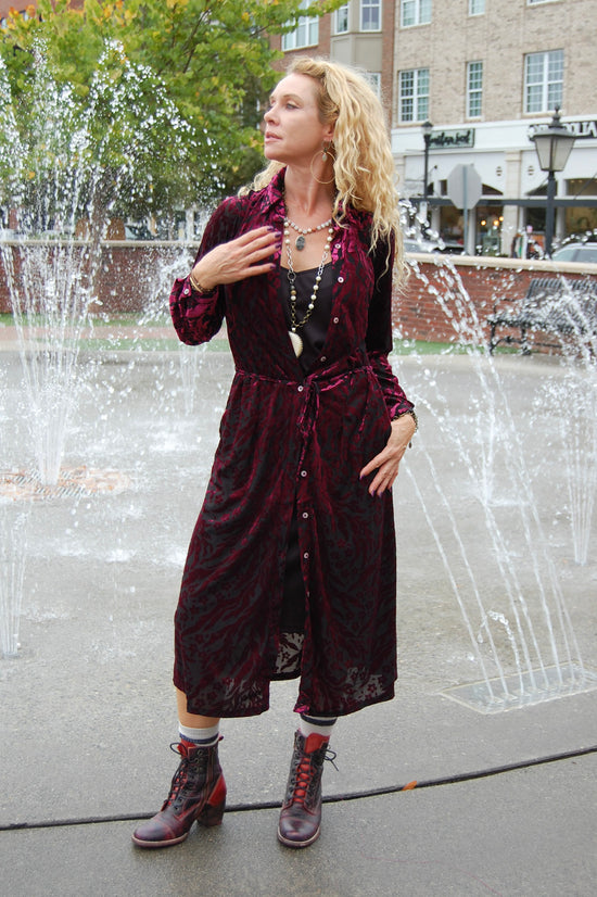 The Cassidy Velvet Button Up Dress in Burgundy