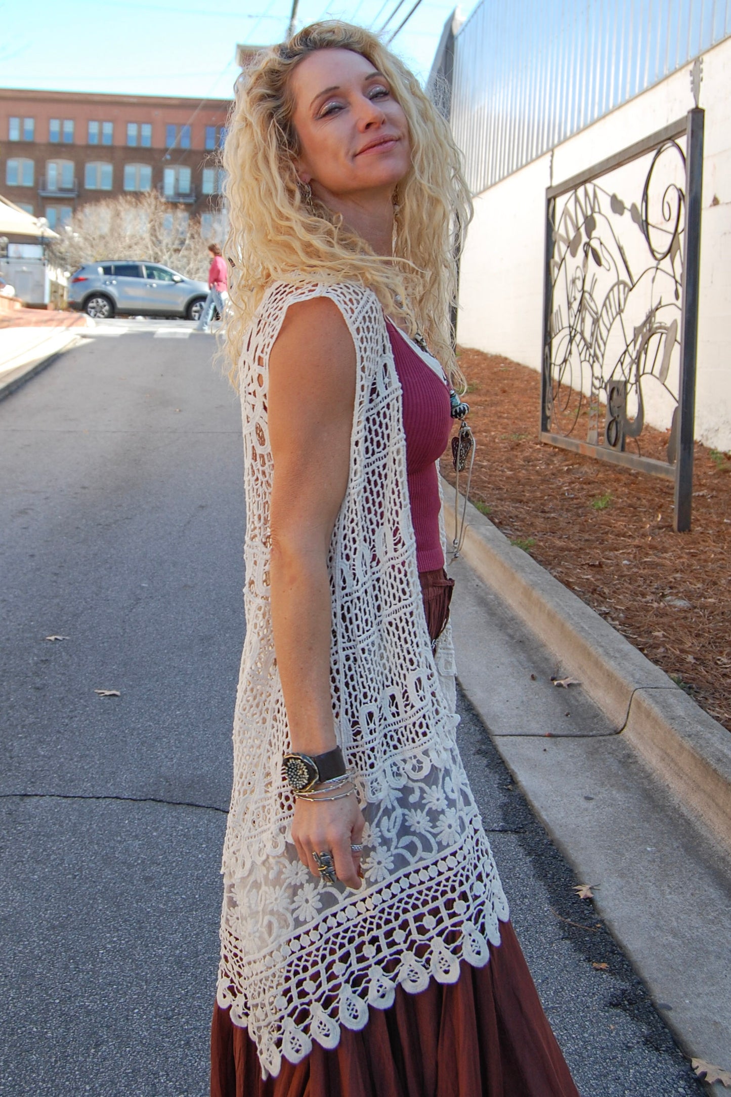 The Amber Sleeveless Crochet Vest in Beige